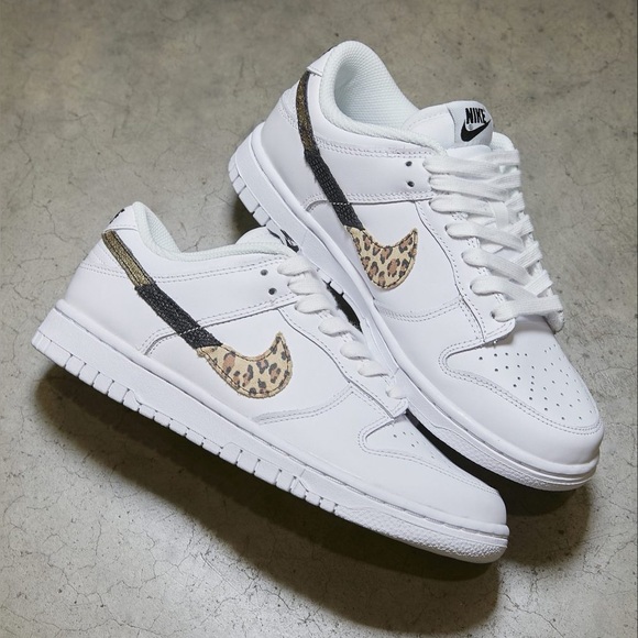 Nike Shoes - Nike Women's Dunks White Sneakers with Leopard Swoosh size us7